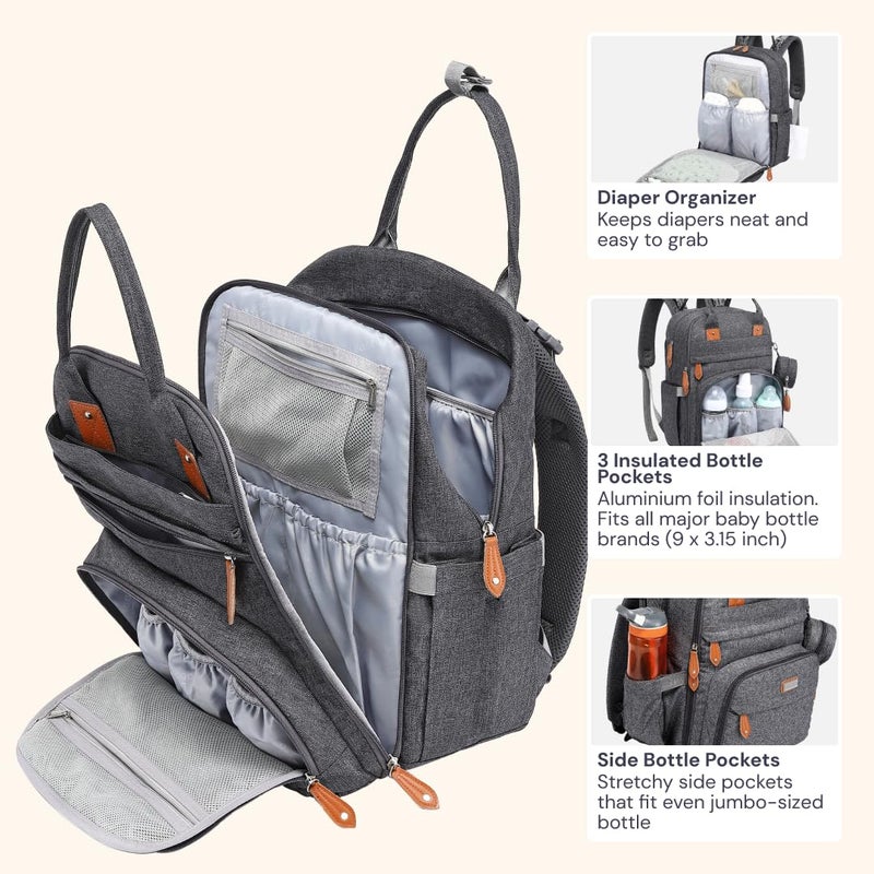 BabbleRoo Diaper Bag Backpack - Baby Essentials Travel Tote - Multi Function Water Resistant Diaper Bag, Travel Essentials Baby Bag with Changing Pad, Stroller Straps & Pacifier Case - Dark Gray - Image 4