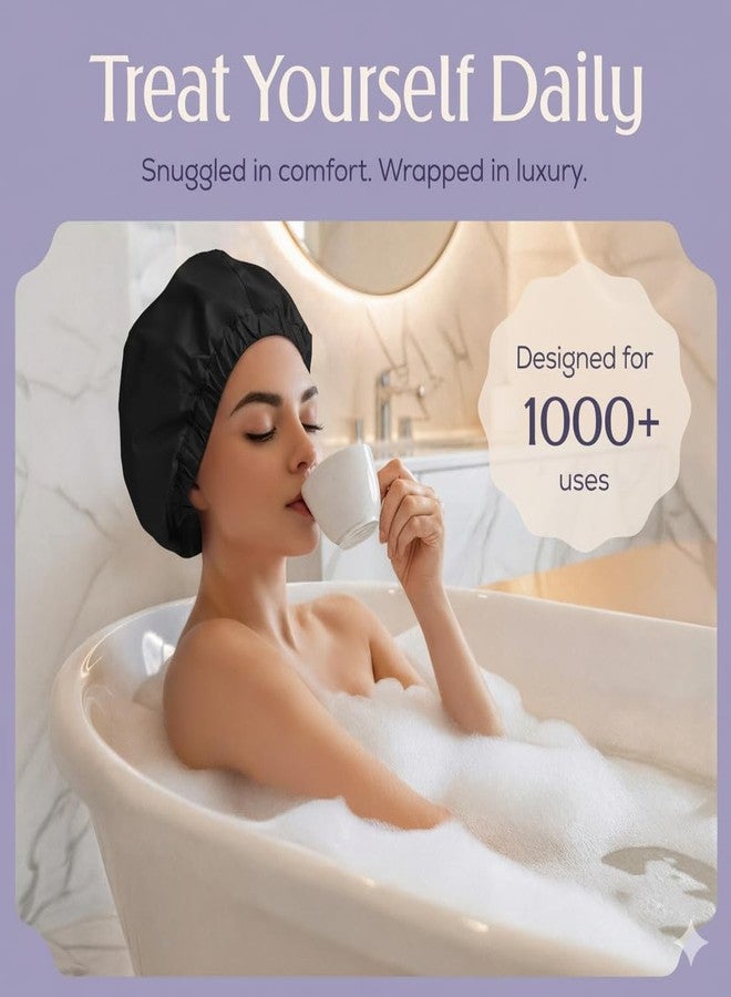 Hersome Premium Shower Cap for Women with Long Hair. Reusable, 100% Waterproof, Double-Sided, Great For Curls with Anti-Frizz Fabric terry-lined. Black shower caps for women - Image 2