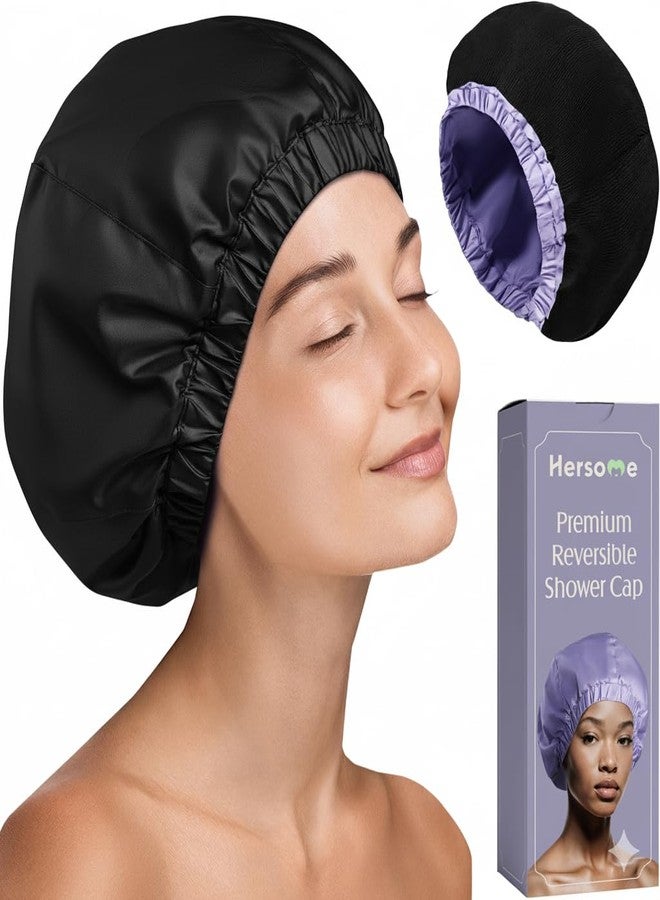 Hersome Premium Shower Cap for Women with Long Hair. Reusable, 100% Waterproof, Double-Sided, Great For Curls with Anti-Frizz Fabric terry-lined. Black shower caps for women - Image 1