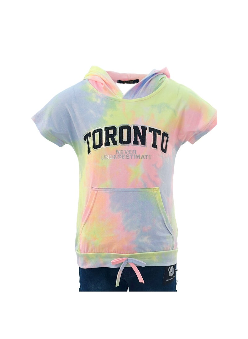 JOANNA JOANNA 23KY407B Girl's Toronto Never Underestimate Print Lowered Pocket Hoodie Short Sleeve T-Shirt - Yellow/Purple/Pink  - Image 1
