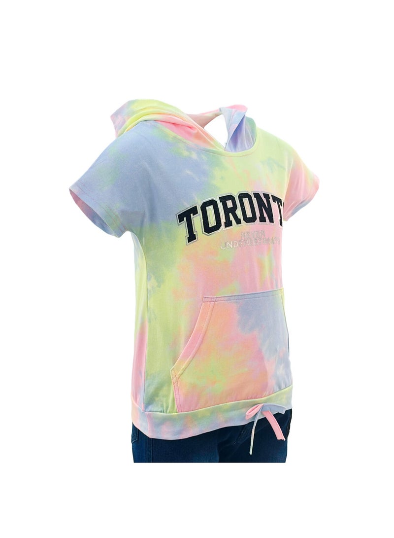 JOANNA JOANNA 23KY407B Girl's Toronto Never Underestimate Print Lowered Pocket Hoodie Short Sleeve T-Shirt - Yellow/Purple/Pink  - Image 2