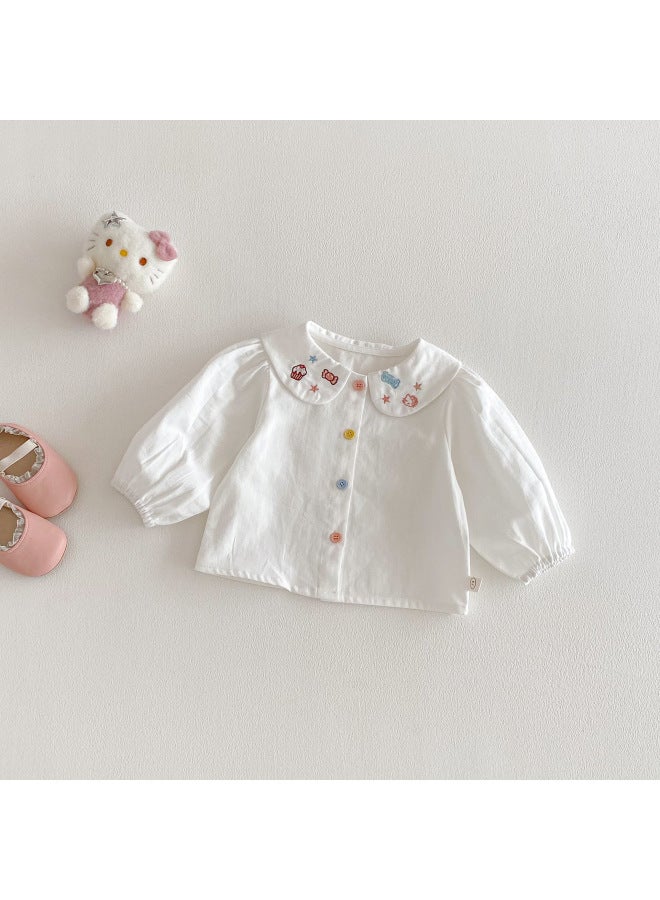 Girls Korean-style Cartoon Shirt 2026 New Spring Baby Fashion Embroidery Cat Blouse Children Colorful Button Top
