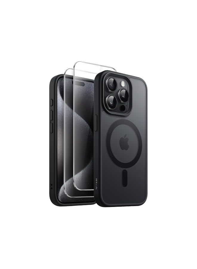 JETech 3 in 1 Magnetic Case for iPhone 15 Pro 6.1-Inch with 2 Pack Tempered Glass Screen Protectors, Compatible with MagSafe, Translucent Matte Back Shockproof Phone Cover (Black) - Image 1