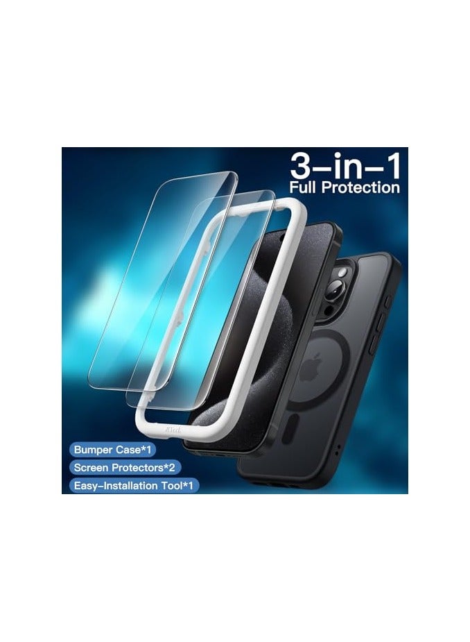 JETech 3 in 1 Magnetic Case for iPhone 15 Pro 6.1-Inch with 2 Pack Tempered Glass Screen Protectors, Compatible with MagSafe, Translucent Matte Back Shockproof Phone Cover (Black) - Image 5