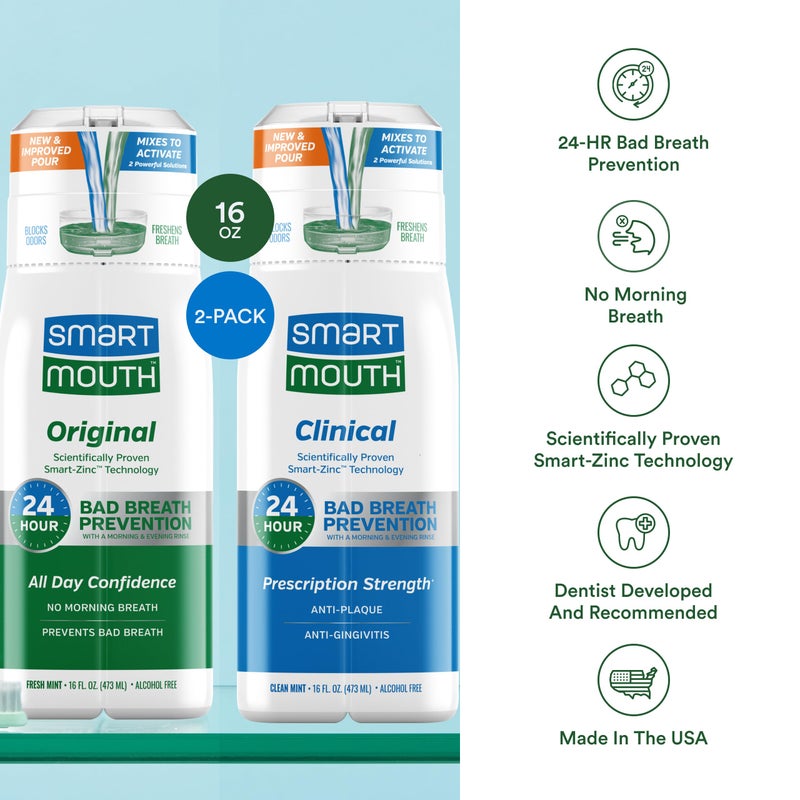 SmartMouth DDS Activated Clinical Mouthwash & Original Activated Mouthwash - Adult Mouthwash for Fresh Breath - Clean Mint Flavor (Clinical) & Fresh Mint Flavor (Original), 16 fl oz Each - Image 4