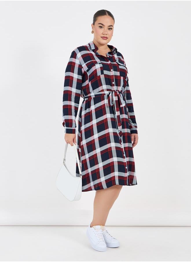 Styli Plus Size Checked Shirt Midi Dress with Tie Belt  - Image 1