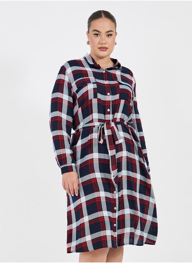 Styli Plus Size Checked Shirt Midi Dress with Tie Belt  - Image 2