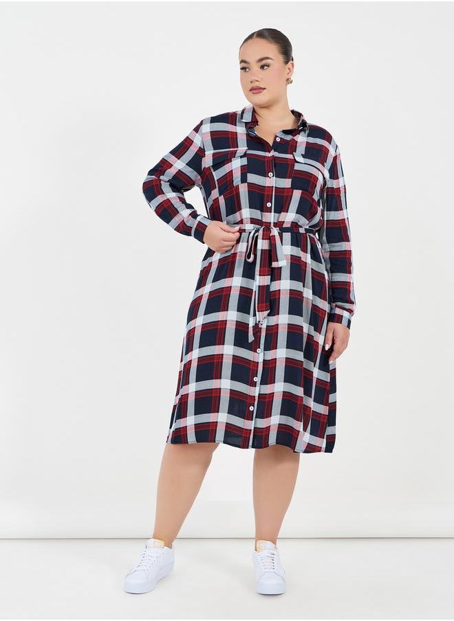 Styli Plus Size Checked Shirt Midi Dress with Tie Belt  - Image 4
