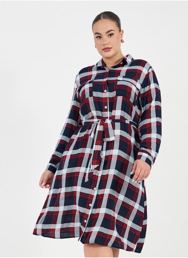 Styli Plus Size Checked Shirt Midi Dress with Tie Belt  - Image 5
