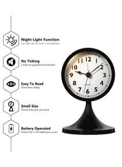 YOUGE Cute Alarm Clock,Small Retro Table Clock Battery Operated,Slient Metal Desk Clock with Light for Living Room Decor,Bedroom,Bedside,Shelf（Black）  - Image 2
