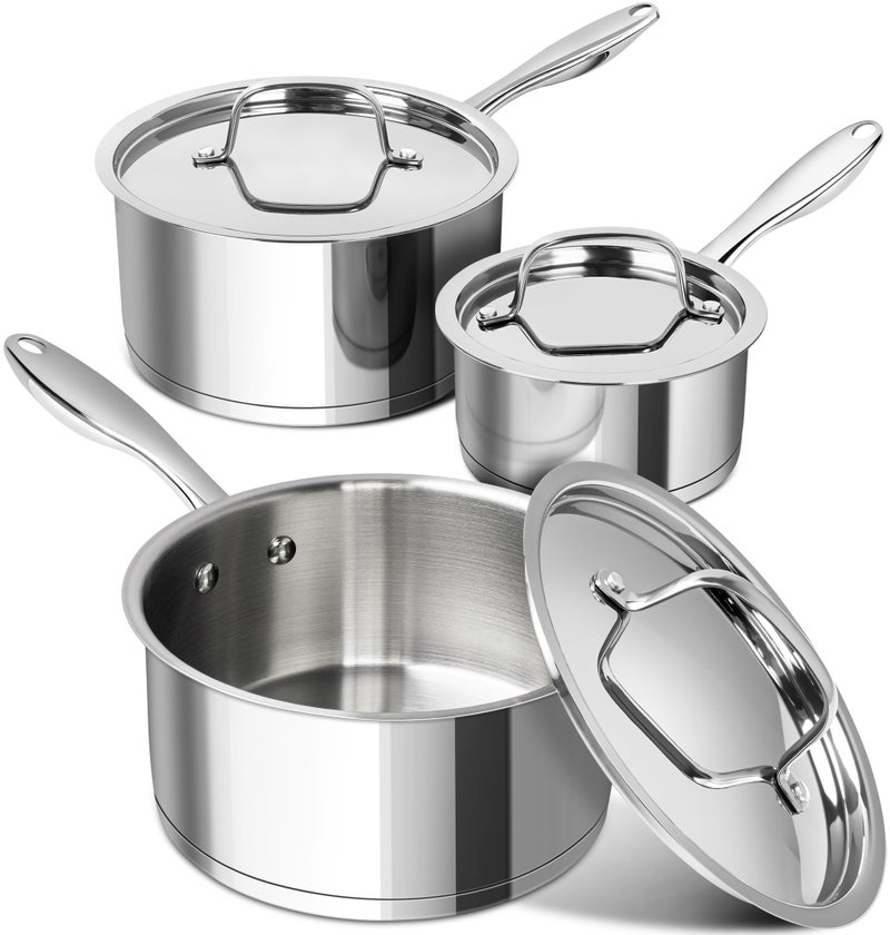 MICHELANGELO Stainless Steel Saucepan Set with Stainless Lids TriPly Bottom Sauce Pan with Lid Sauce Pot Set 1QT  2QT 3QT Nonstick Saucepan Dishwasher Safe