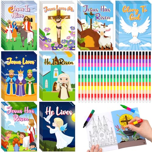 ReliThick 32 Set Easter Coloring Books He Is Risen Bible Jesus Cross Coloring Book with 32 Pcs Stacking Crayons Bulk Holiday Activity Book for Easter Holiday Party Favor Sunday School Classroom Gifts - Image 1