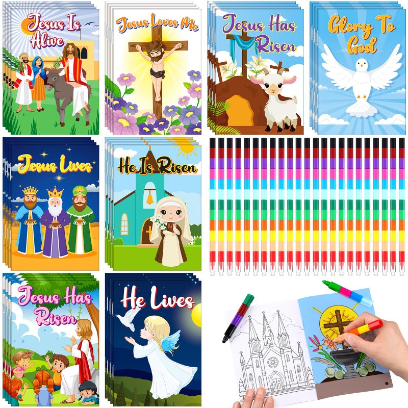 ReliThick 32 Set Easter Coloring Books He Is Risen Bible Jesus Cross Coloring Book with 32 Pcs Stacking Crayons Bulk Holiday Activity Book for Easter Holiday Party Favor Sunday School Classroom Gifts - Image 3