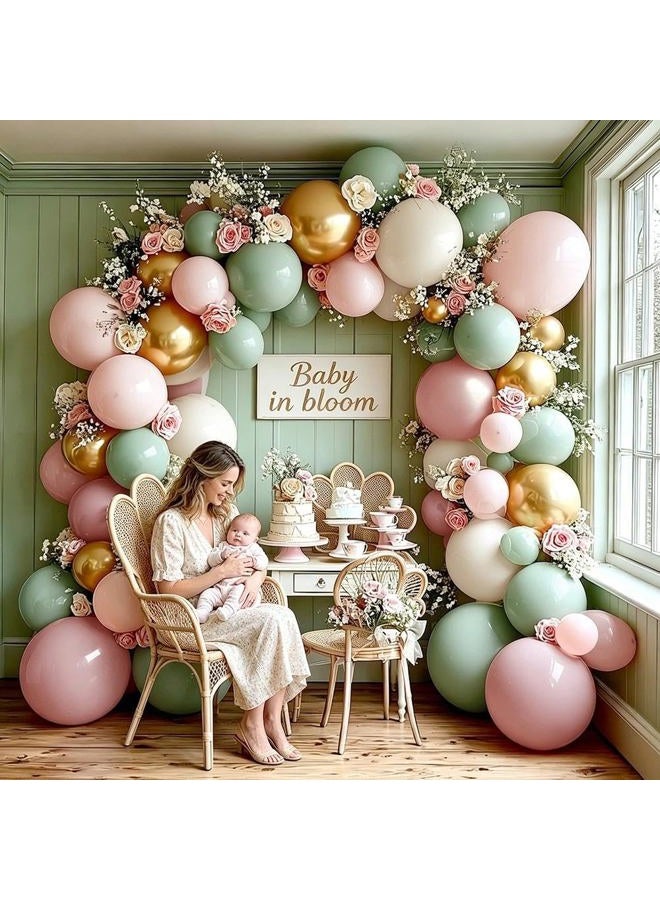 Pinbra Dusty Green Pink Balloon Arch Double Stuffed Pastel Baby Pink Light Green White Cream Balloon Metallic Gold Latex Balloons for Baby in Bloom Bridal Shower Birthday Wedding Party Decoration - Image 2