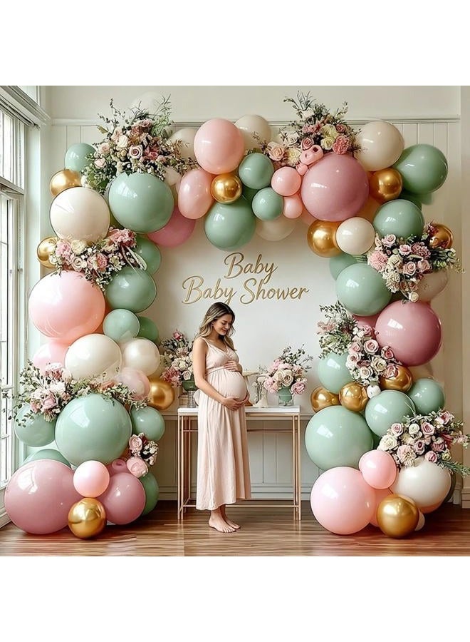 Pinbra Dusty Green Pink Balloon Arch Double Stuffed Pastel Baby Pink Light Green White Cream Balloon Metallic Gold Latex Balloons for Baby in Bloom Bridal Shower Birthday Wedding Party Decoration - Image 5