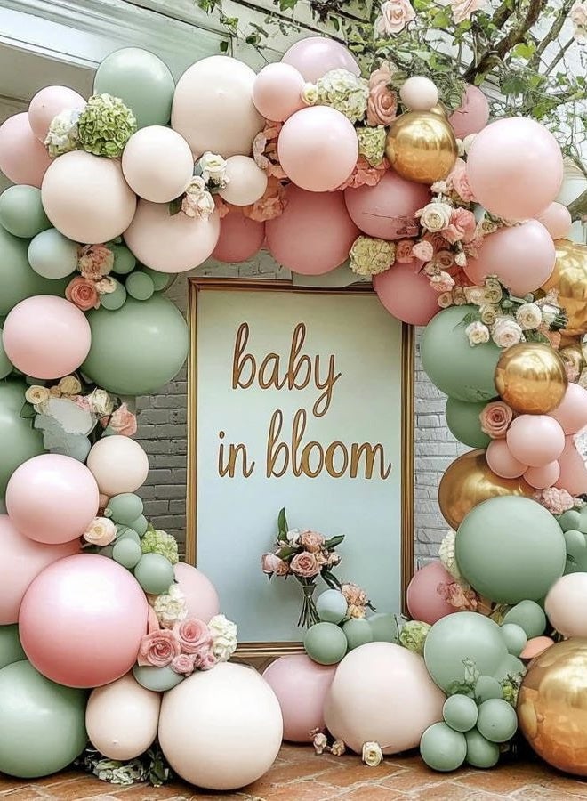 Pinbra Dusty Green Pink Balloon Arch Double Stuffed Pastel Baby Pink Light Green White Cream Balloon Metallic Gold Latex Balloons for Baby in Bloom Bridal Shower Birthday Wedding Party Decoration - Image 1