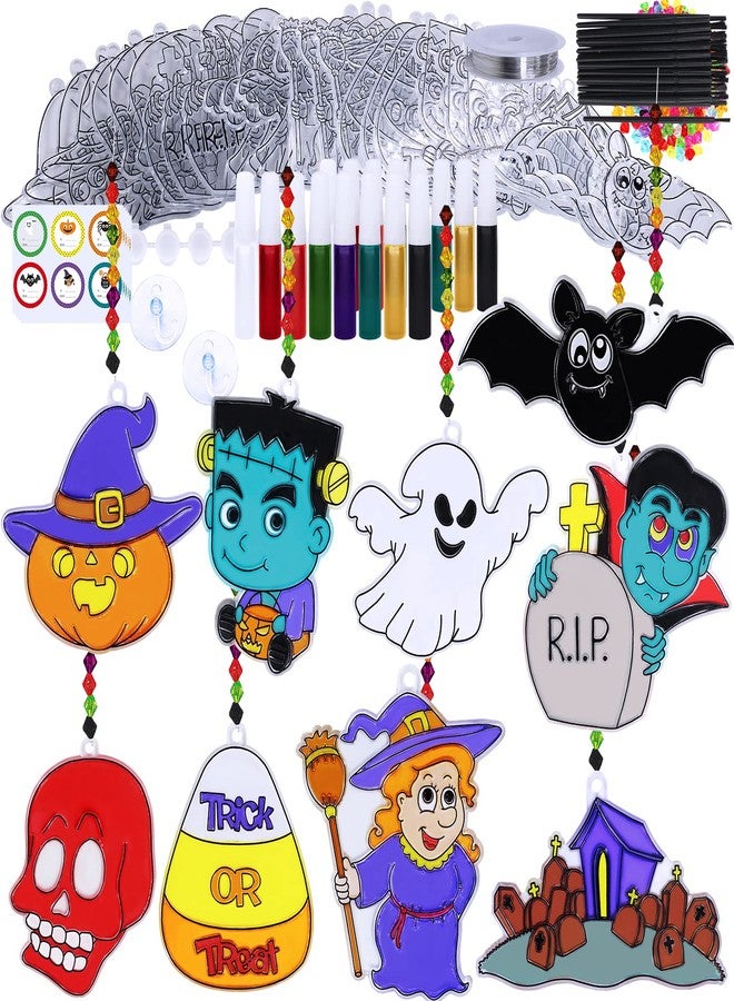 Winlyn 27 Sets Halloween Suncatchers Ornaments Decorations DIY Window Paint Art Suncatchers Halloween Craft Kits Jack-O'-Lantern Bat Ghost Skull Sun Catchers for Kids Classroom Activities Art Project - Image 1
