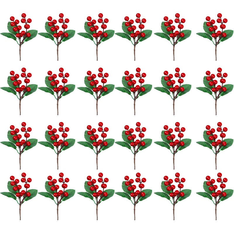 WILLBOND WILLBOND 24 Pieces Artificial Christmas Berry Picking Berry Branches Holly Leaves Picking Fake Berries Christmas Crafts Party Holiday Decoration Natural Color 