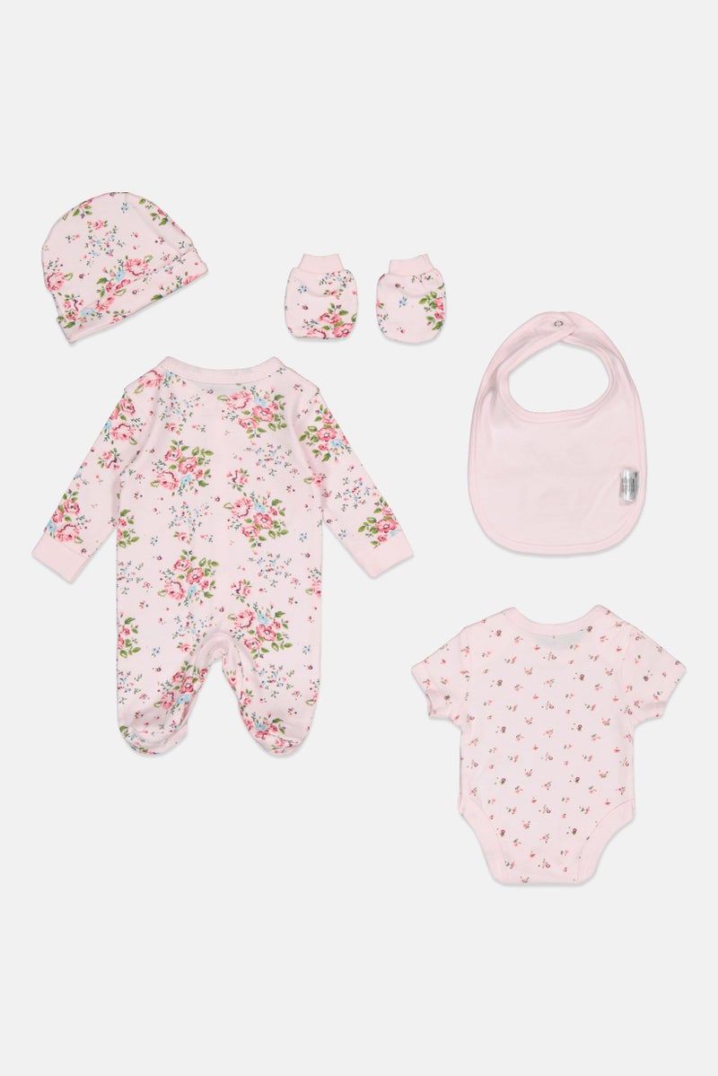 Rock-A-Bye Baby Boutique Toddlers Girl 5 pcs Floral Print Bodysuit, Bib, Beanie And Mitts Set, Multicolor  - Image 2