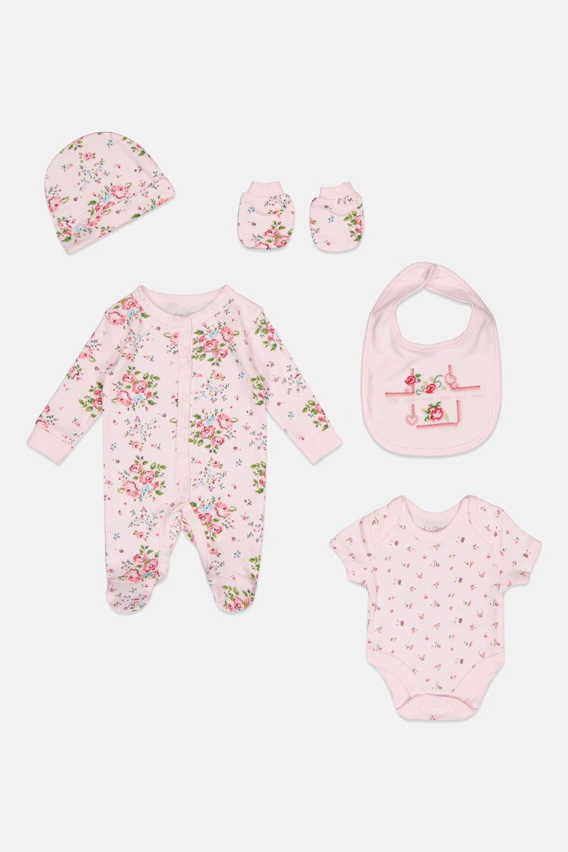 Rock-A-Bye Baby Boutique Toddlers Girl 5 pcs Floral Print Bodysuit, Bib, Beanie And Mitts Set, Multicolor  - Image 1