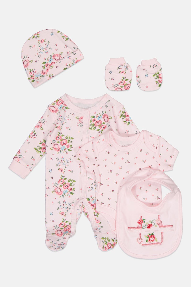 Rock-A-Bye Baby Boutique Toddlers Girl 5 pcs Floral Print Bodysuit, Bib, Beanie And Mitts Set, Multicolor  - Image 3