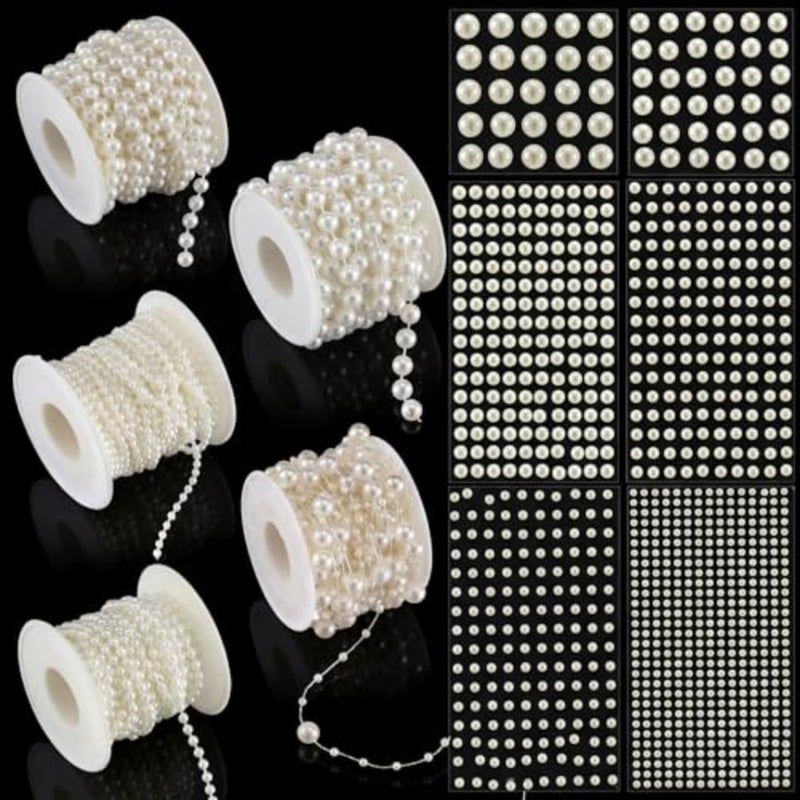 5 Rolls 109 Feet Pearls String Garland with 1980pcs Beads Sticker Faux Pearl Beads Roll Strand for Craft Artificial Pearl Chain Trim for Wedding Party Flower Hair Face Makeup Nail Decor - Image 1
