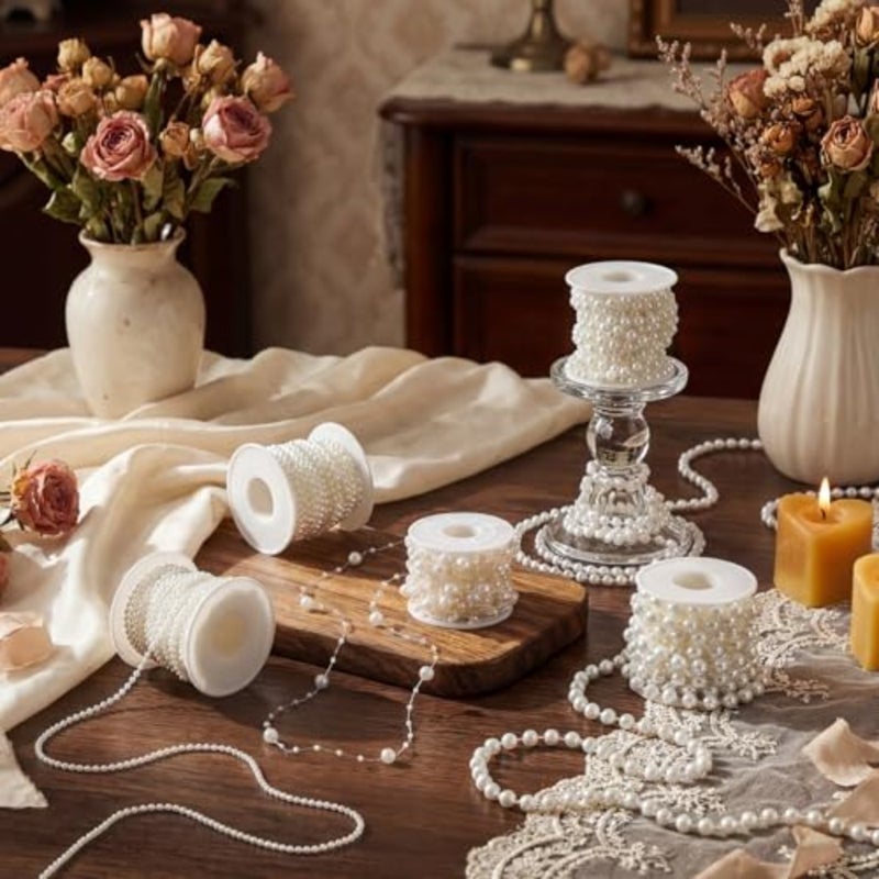 5 Rolls 109 Feet Pearls String Garland with 1980pcs Beads Sticker Faux Pearl Beads Roll Strand for Craft Artificial Pearl Chain Trim for Wedding Party Flower Hair Face Makeup Nail Decor - Image 5