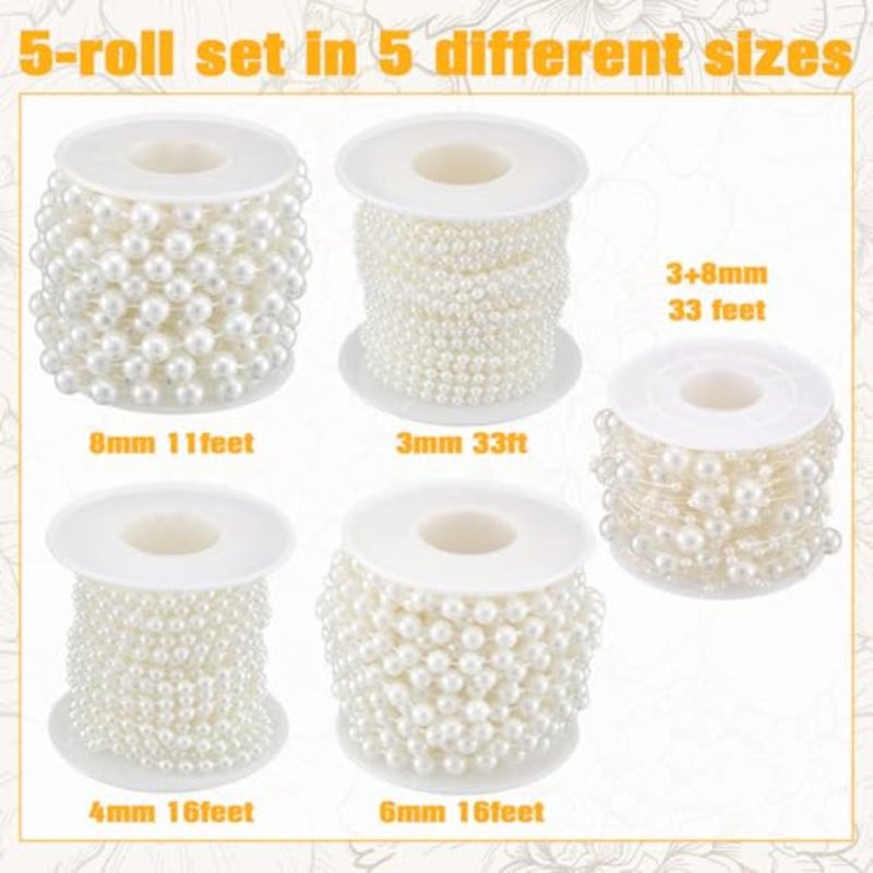 5 Rolls 109 Feet Pearls String Garland with 1980pcs Beads Sticker Faux Pearl Beads Roll Strand for Craft Artificial Pearl Chain Trim for Wedding Party Flower Hair Face Makeup Nail Decor - Image 3