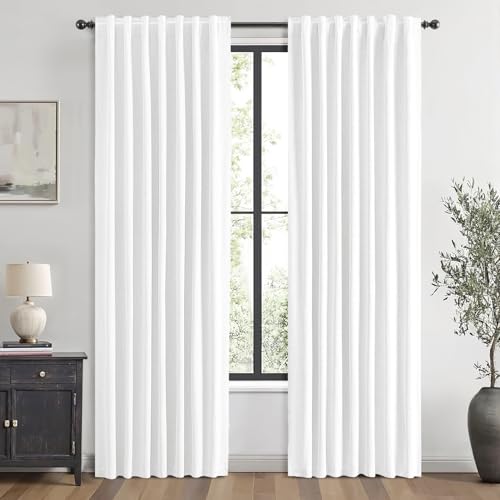 MIULEE 100% Blackout Linen Curtains for Bedroom, Bright White Solid Luxury Decor Thermal Insulation Room Darkening Drapes for Living Room Nursery Back Tab Rod Pocket 42 x 84 Inches, 2 Panels