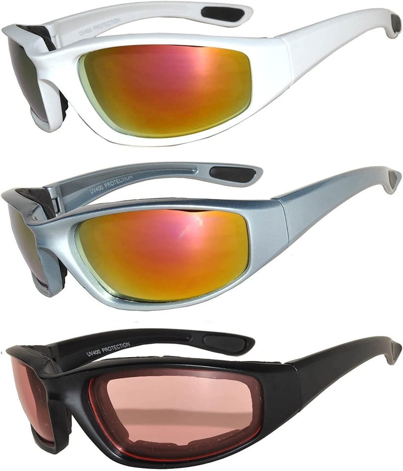 OWL 3 Pack Motorcycle Riding Glasses, Padded Sport Sunglasses, Assorted Colors for Men and Women - Image 1