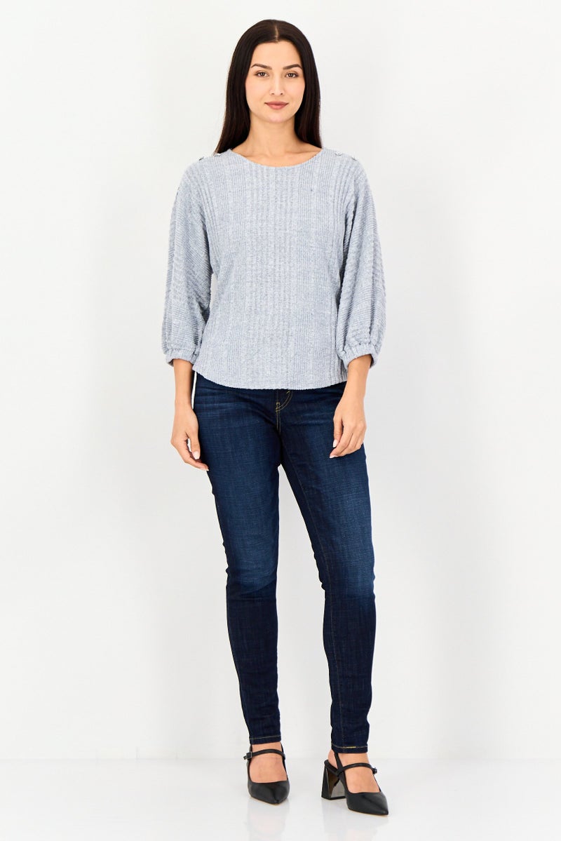 ADRIENNE VITTADINI Women Round Neck Textured Blouse, Grey - Image 4