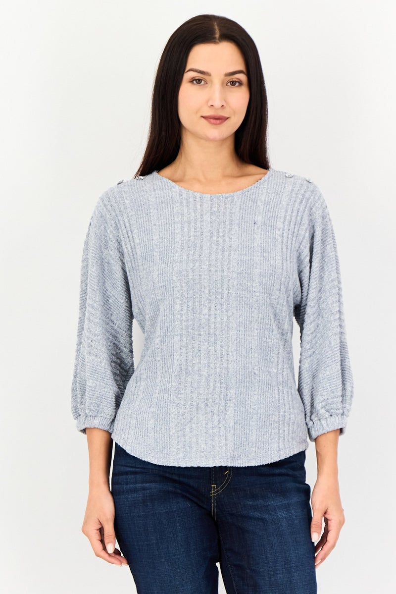 ADRIENNE VITTADINI Women Round Neck Textured Blouse, Grey - Image 1