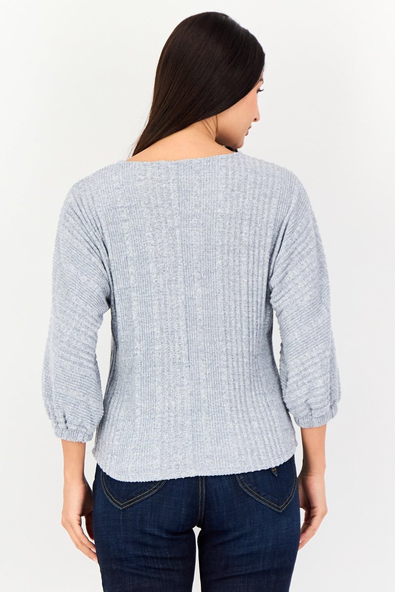 ADRIENNE VITTADINI Women Round Neck Textured Blouse, Grey - Image 3