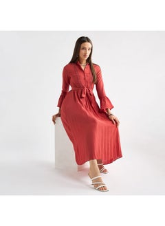 FAV Solid Pleated Mandarin Collar Dress with Bell Sleeves and Tie-Up Belt  - Image 1