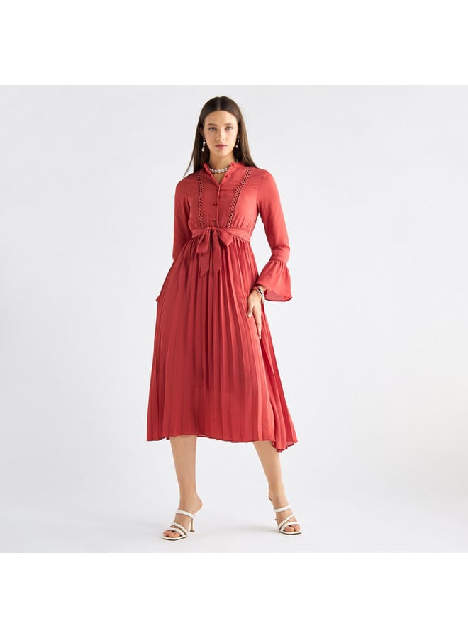 Splash FAV Pleated Mandarin Collar Dress with Bell Sleeves and Tie-Up Belt  - Image 2