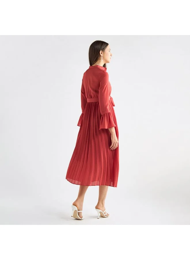 FAV Solid Pleated Mandarin Collar Dress with Bell Sleeves and Tie-Up Belt