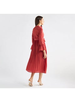 FAV Solid Pleated Mandarin Collar Dress with Bell Sleeves and Tie-Up Belt  - Image 3