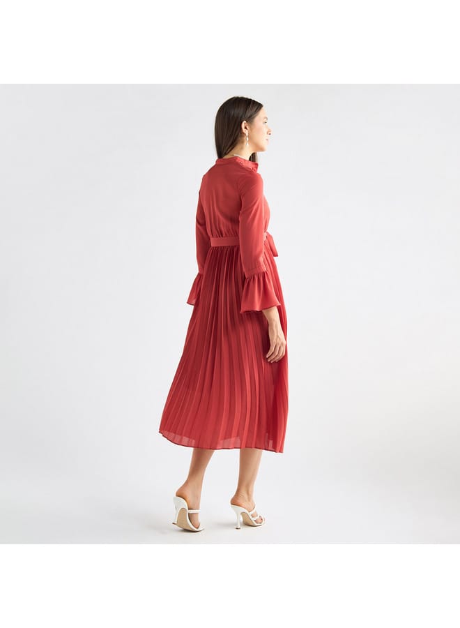 Splash FAV Pleated Mandarin Collar Dress with Bell Sleeves and Tie-Up Belt  - Image 3
