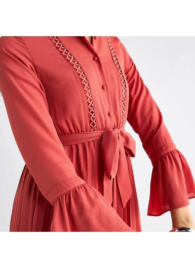 FAV Solid Pleated Mandarin Collar Dress with Bell Sleeves and Tie-Up Belt