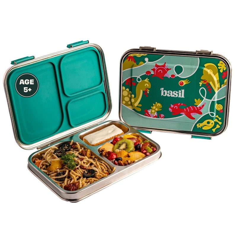 BASIL Bento Box – 900 ml 3-Compartment Stainless Steel Lunch Box for Kids | Leak-Proof Tiffin Box for School - Green Dino | Hocus - Docus - Image 1