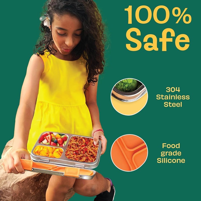BASIL Bento Box – 900 ml 3-Compartment Stainless Steel Lunch Box for Kids | Leak-Proof Tiffin Box for School - Green Dino | Hocus - Docus - Image 2
