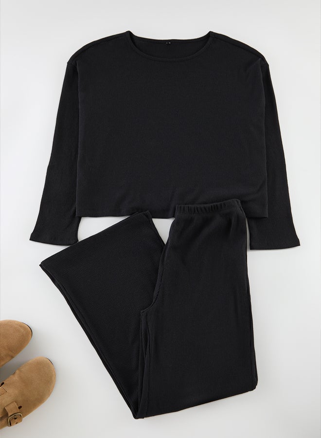 Black Ribbed Knitted Pajama Set THMAW21PT0684