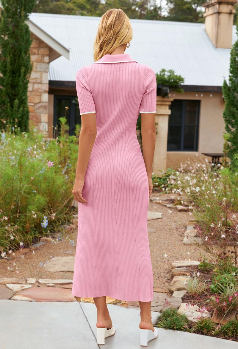 MEROKEETY Women's 2026 Spring Ribbed Maxi Dress Summer V Neck Button Short Sleeve Slim Fit Bodycon Knit Sweater Dresses, Pink, Medium - Image 5