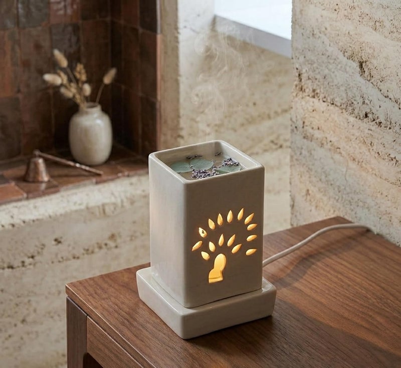 Mkd2 Rise Ceramic Electric Aroma Diffuser Oil Burner Lamp I Oil Diffuser Electric for Home Fragrance at Home, Office, Hotel - Square (7 inch, Ivory White) - Image 3