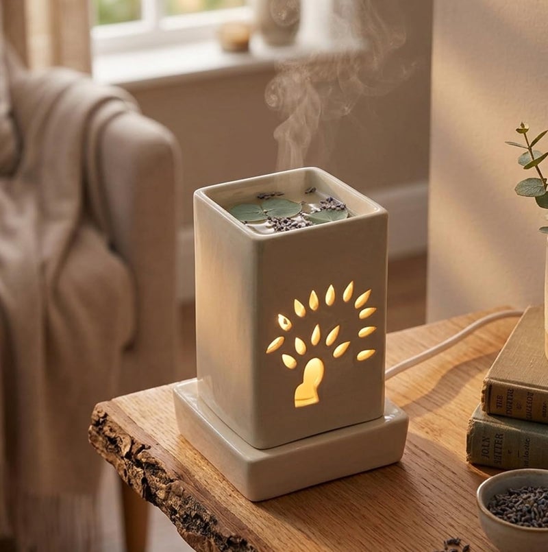 Mkd2 Rise Ceramic Electric Aroma Diffuser Oil Burner Lamp I Oil Diffuser Electric for Home Fragrance at Home, Office, Hotel - Square (7 inch, Ivory White) - Image 2