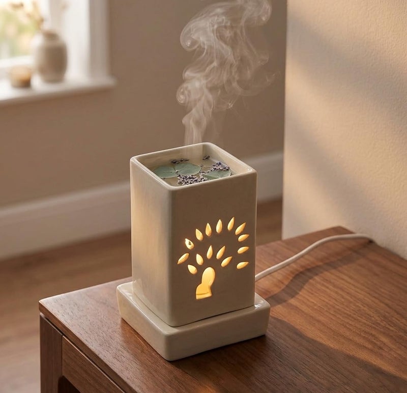 Mkd2 Rise Ceramic Electric Aroma Diffuser Oil Burner Lamp I Oil Diffuser Electric for Home Fragrance at Home, Office, Hotel - Square (7 inch, Ivory White) - Image 1