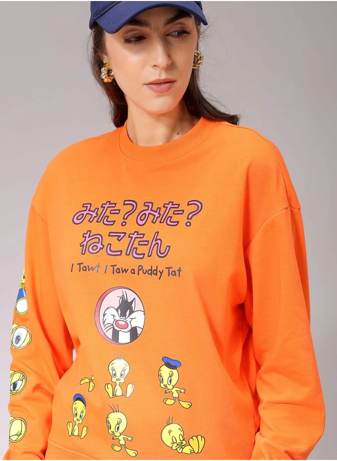 مرفوعة Women Boxy Orange Printed Crew Neck Long Sleeve Sweatshirt