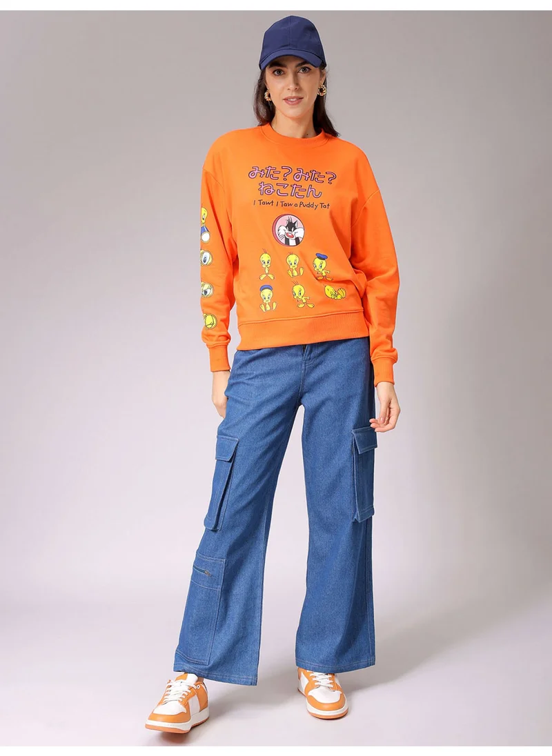 مرفوعة Women Boxy Orange Printed Crew Neck Long Sleeve Sweatshirt