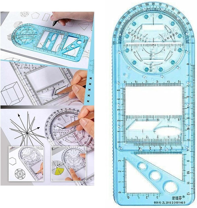 ويوبلز مسطرة رسم متعددة الوظائف للرياضيات والهندسة والقياس والرسم والتدريس، أداة قياس جديدة لعام 2021، مساطر رسم بلاستيكية للوازم المكتبية المدرسية (أزرق) - Image 1
