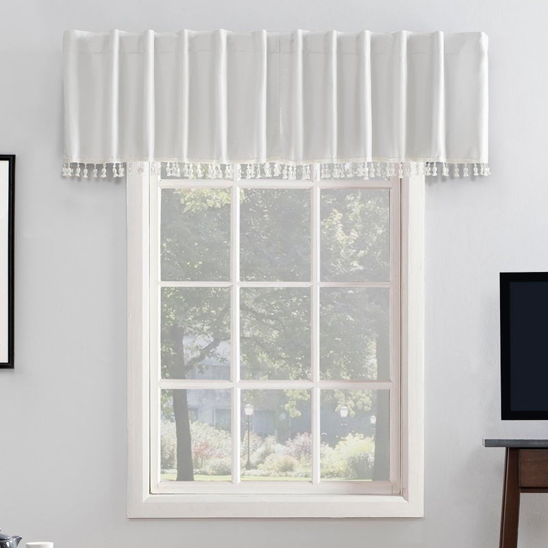 Sun Zero Greyson Faux Dupioni Silk Beaded Tassels Thermal Extreme Total Blackout Back Tab Curtain Valance 50 x 17 Pearl White